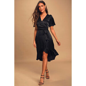 Lulus Wrapped Up In Love Black Satin Faux-wrap Midi Dress - Size XS